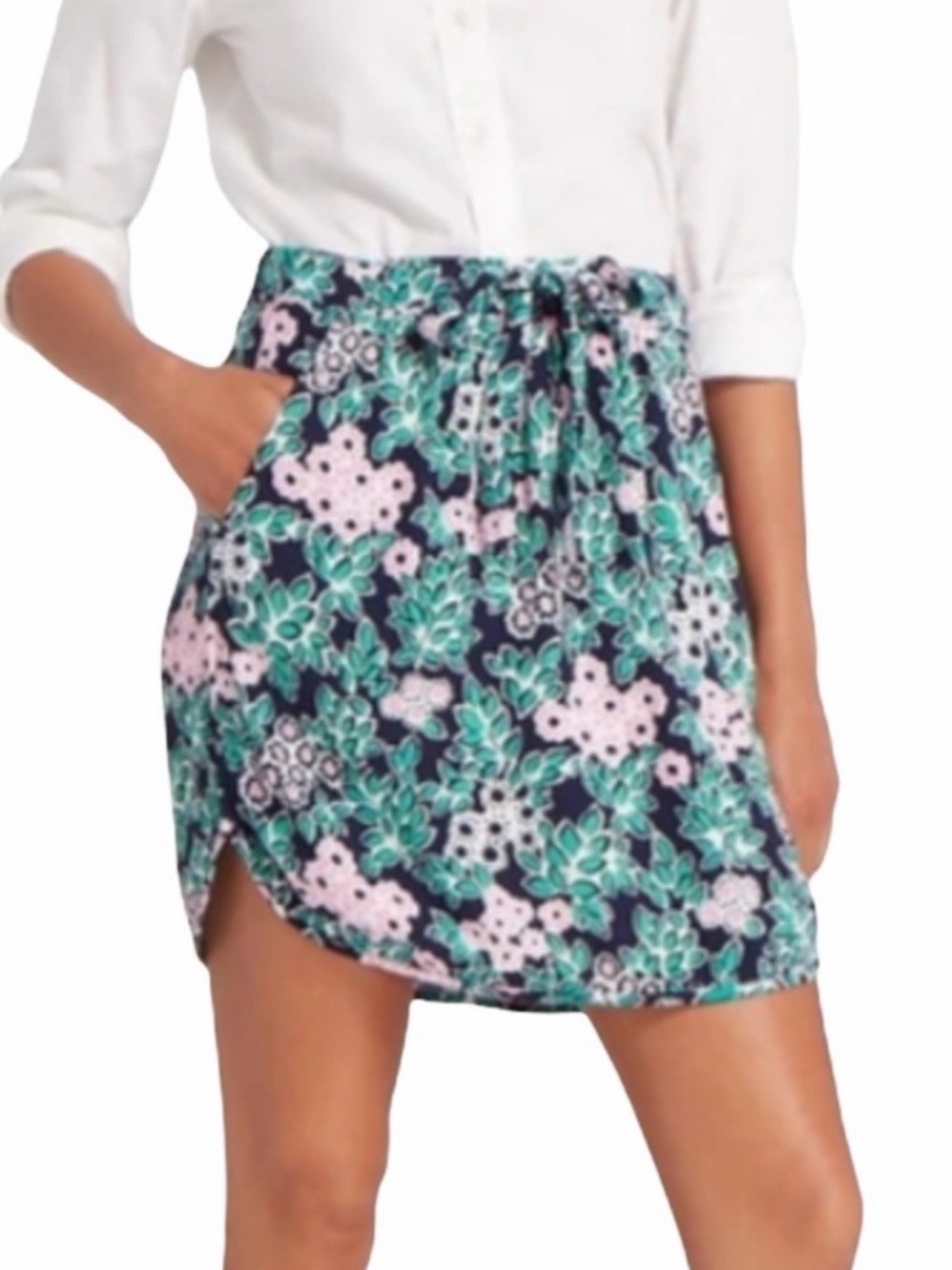 NWT Draper James Navy Floral Drawstring Mini Skirt with Pink & Teal Accents